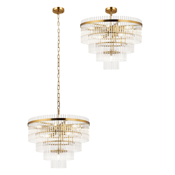Charleton 600mm Pendant or Semi Flush Ceiling Light in Brass with Clear Glass Rods