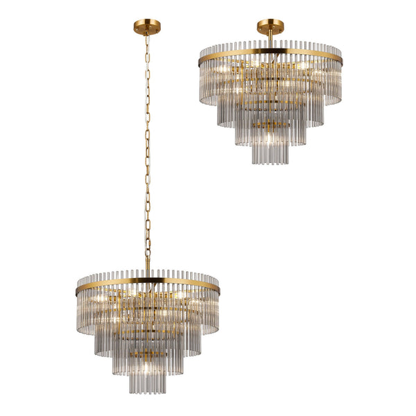 Charleton 600mm Pendant or Semi Flush Ceiling Light in Brass with Smoked Glass Rods