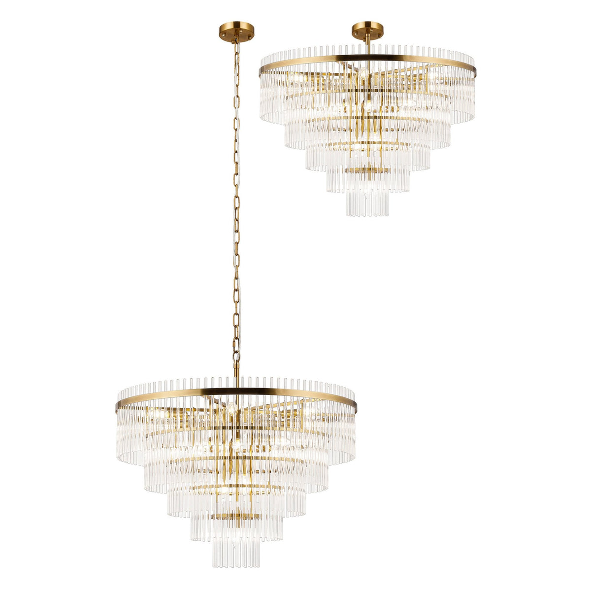 Charleton 770mm Pendant or Semi Flush Ceiling Light in Brass with Clear Glass Rods
