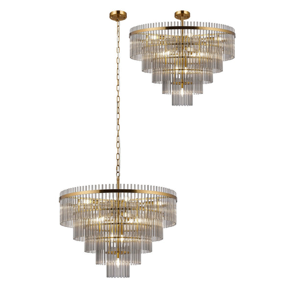 Charleton 770mm Pendant or Semi Flush Ceiling Light in Brass with Smoked Glass Rods