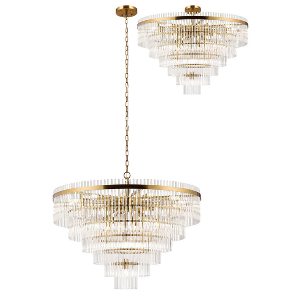 Charleton 960mm Pendant or Semi Flush Ceiling Light in Brass with Clear Glass Rods