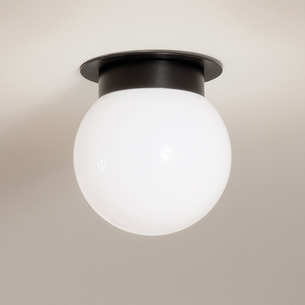Albers Flush Ceiling Light in Black with Globe Shaped Opal Glass Shade