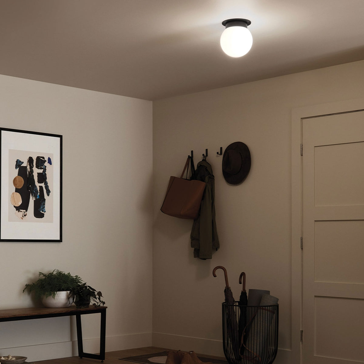 Albers Flush Ceiling Light in Black with Globe Shaped Opal Glass Shade