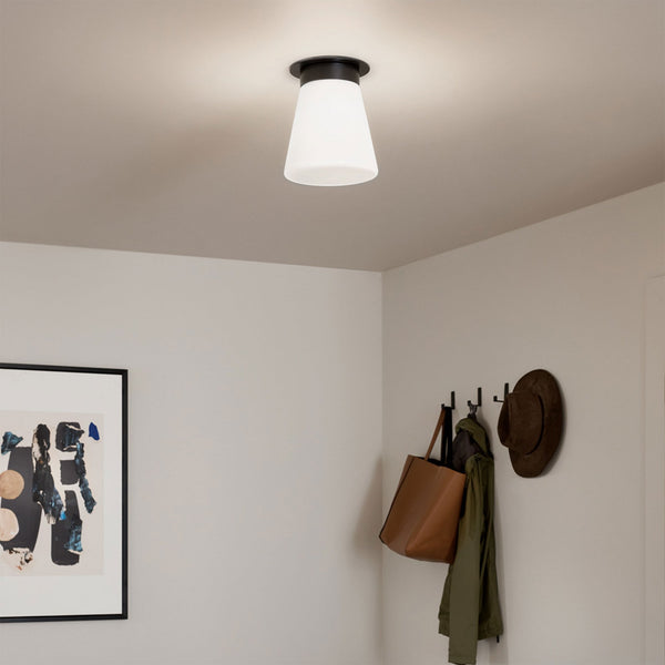 Albers Flush Ceiling Light in Black with Tapered Shaped Opal Glass Shade