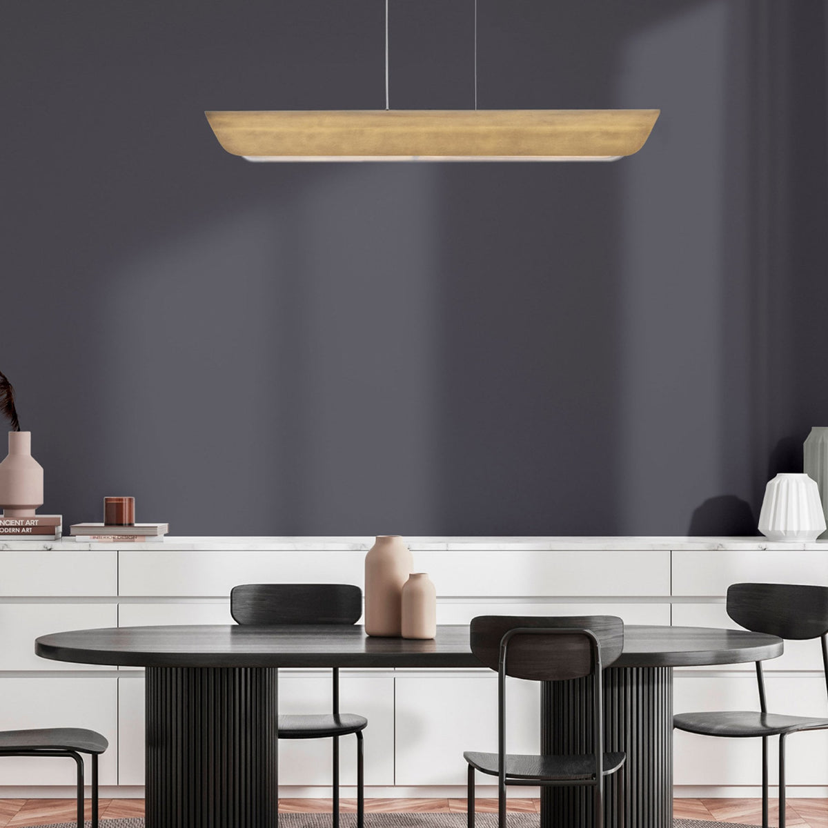 Arco Linear LED Linear Pendant in Heritage Brass Finish with Clear Ribbed Glass