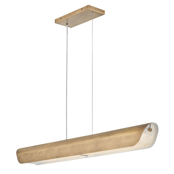 Arco Linear LED Linear Pendant in Heritage Brass Finish with Clear Ribbed Glass
