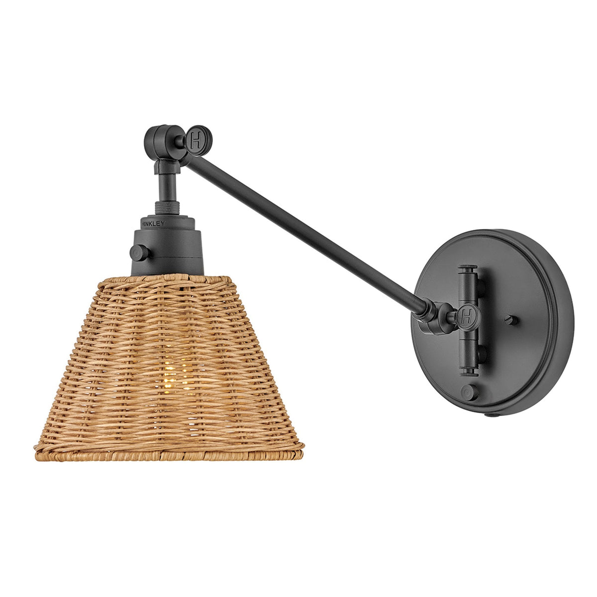Arti Switched Adjustable Wall Light in Black with Natural Rattan Shade