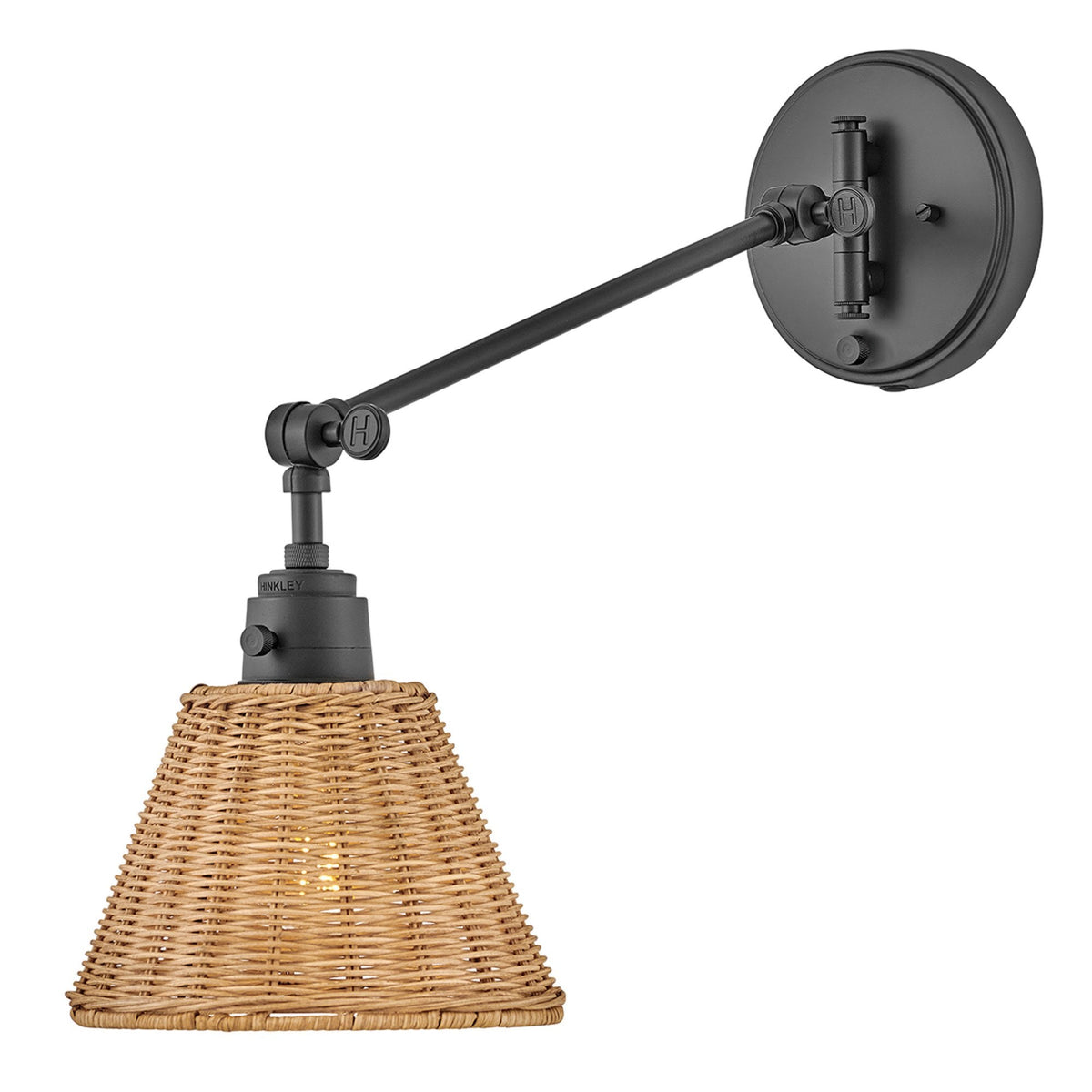 Arti Switched Adjustable Wall Light in Black with Natural Rattan Shade