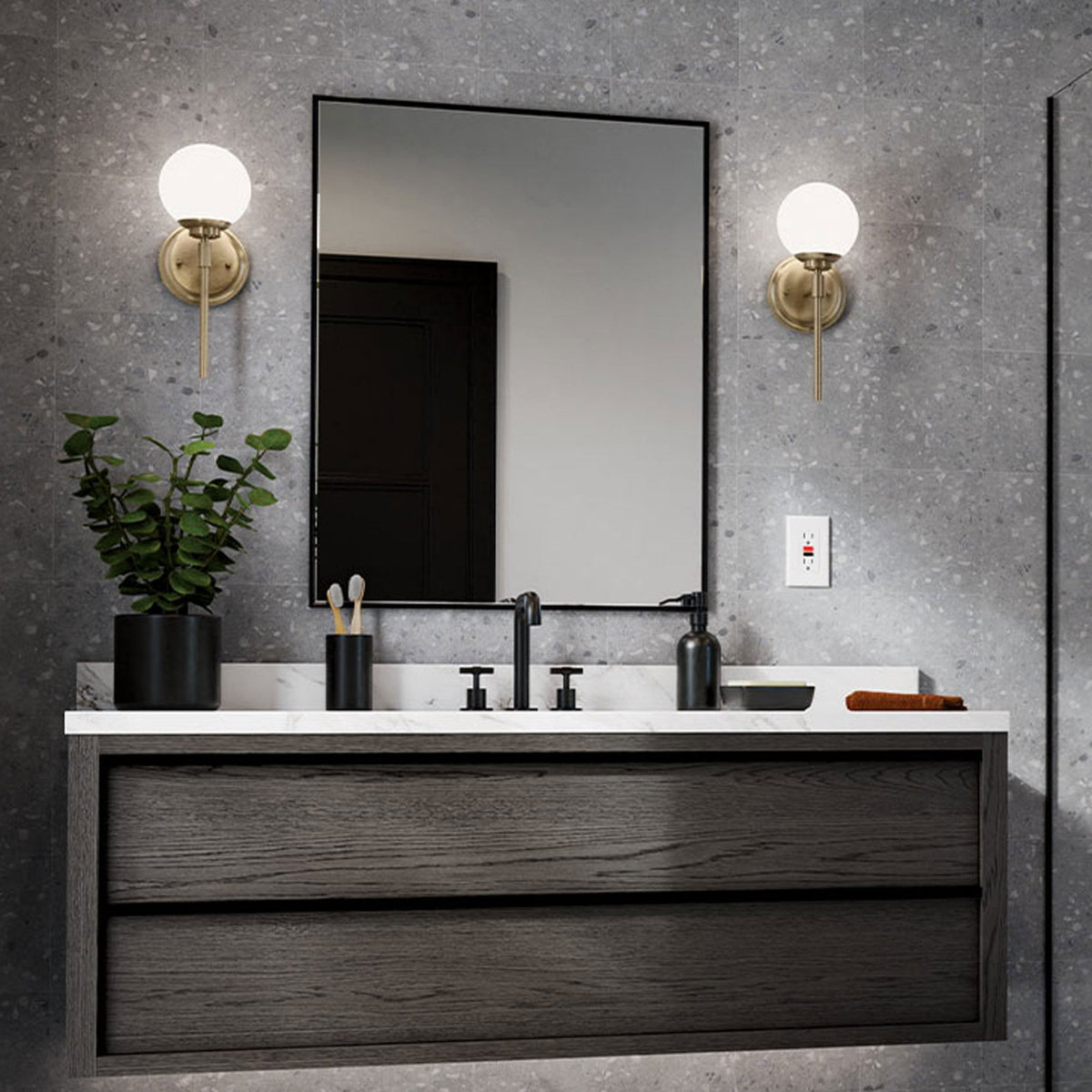 Benno Single IP44 Wall Light in Champagne Bronze with White Opal Glass Diffuser