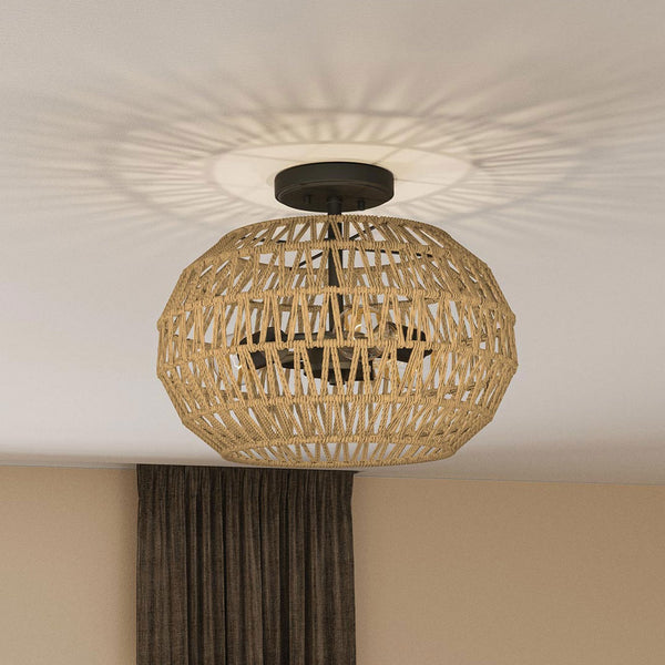 Casablanca Semi Flush Ceiling Light in Palladian Bronze with Natural Paper Rope Shade