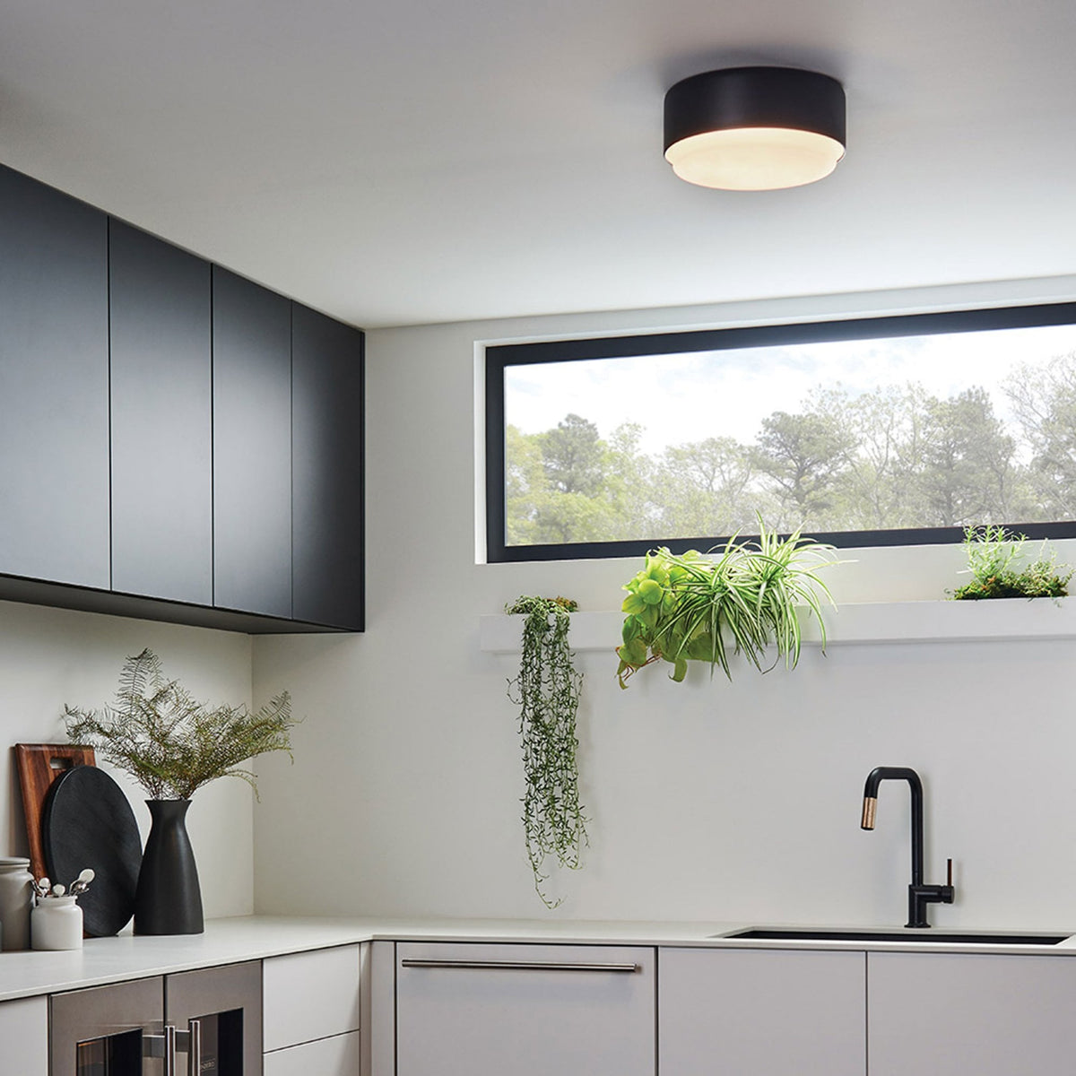 Cedric Small Flush Mount Ceiling Light in Black with Etched Opal Glass Diffuser