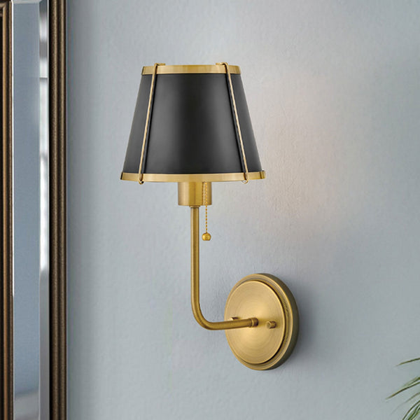 Clarke Wall Light with Pull Switch in Warm Brass and Black Steel Shade