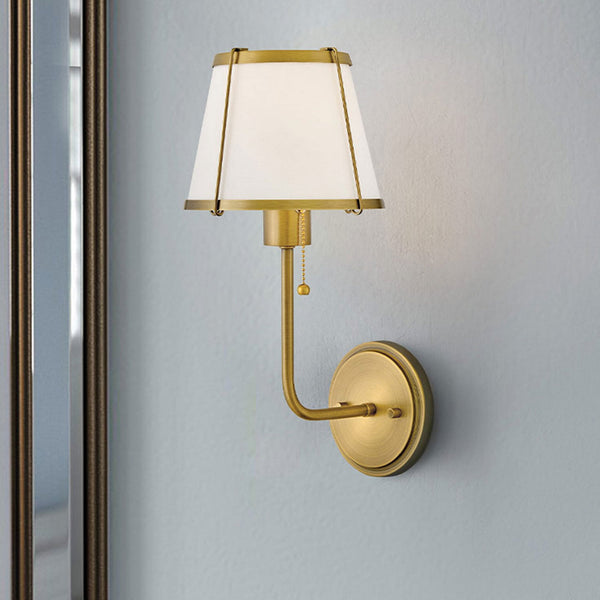 Clarke Wall Light with Pull Switch in Darkened Brass and Ivory Linen Shade