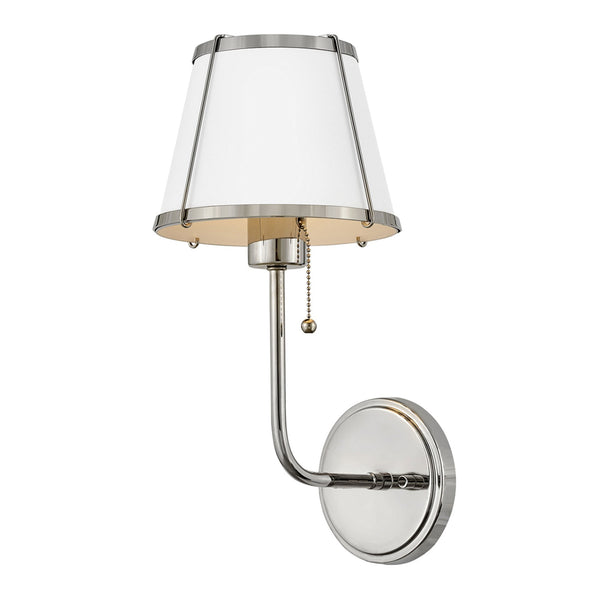 Clarke Wall Light with Pull Switch in Polished Nickel and White Steel Shade