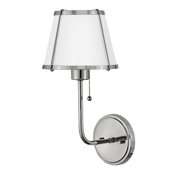 Clarke Wall Light with Pull Switch in Polished Nickel and White Steel Shade