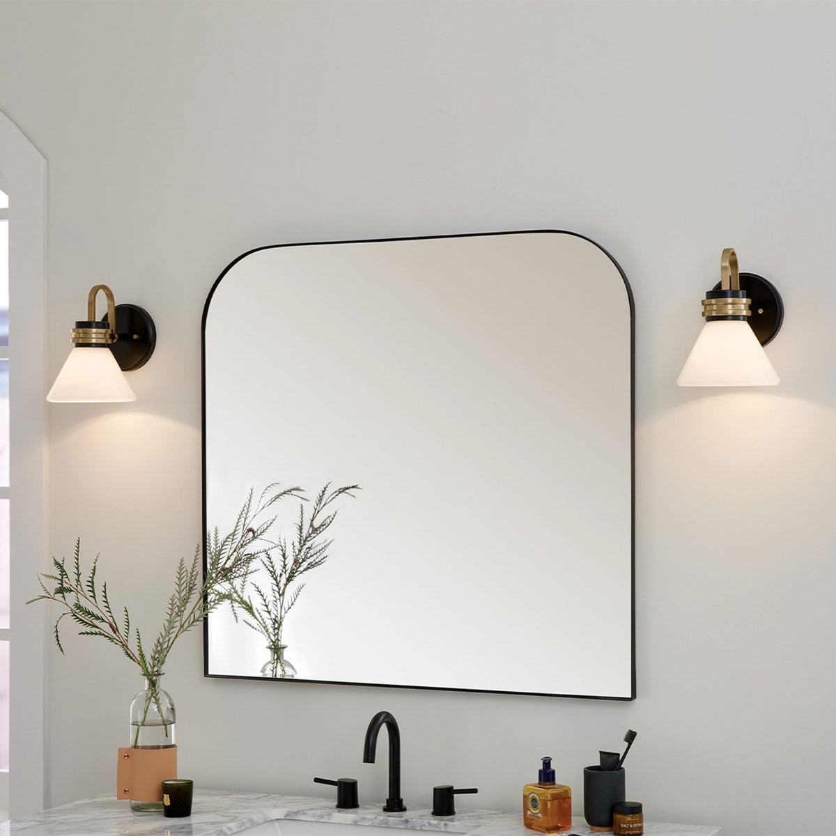 Farum IP44 Wall Light in Black & Champagne Bronze with Opal Glass Diffuser