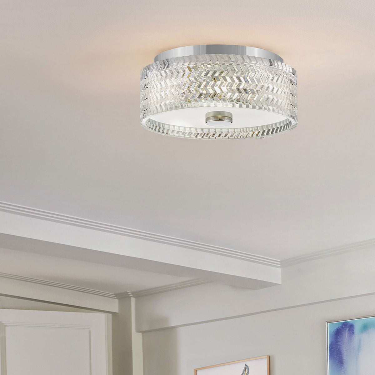 Elle Small Flush Ceiling Light in Chrome with Clear Chevron & Etched Lens Glass