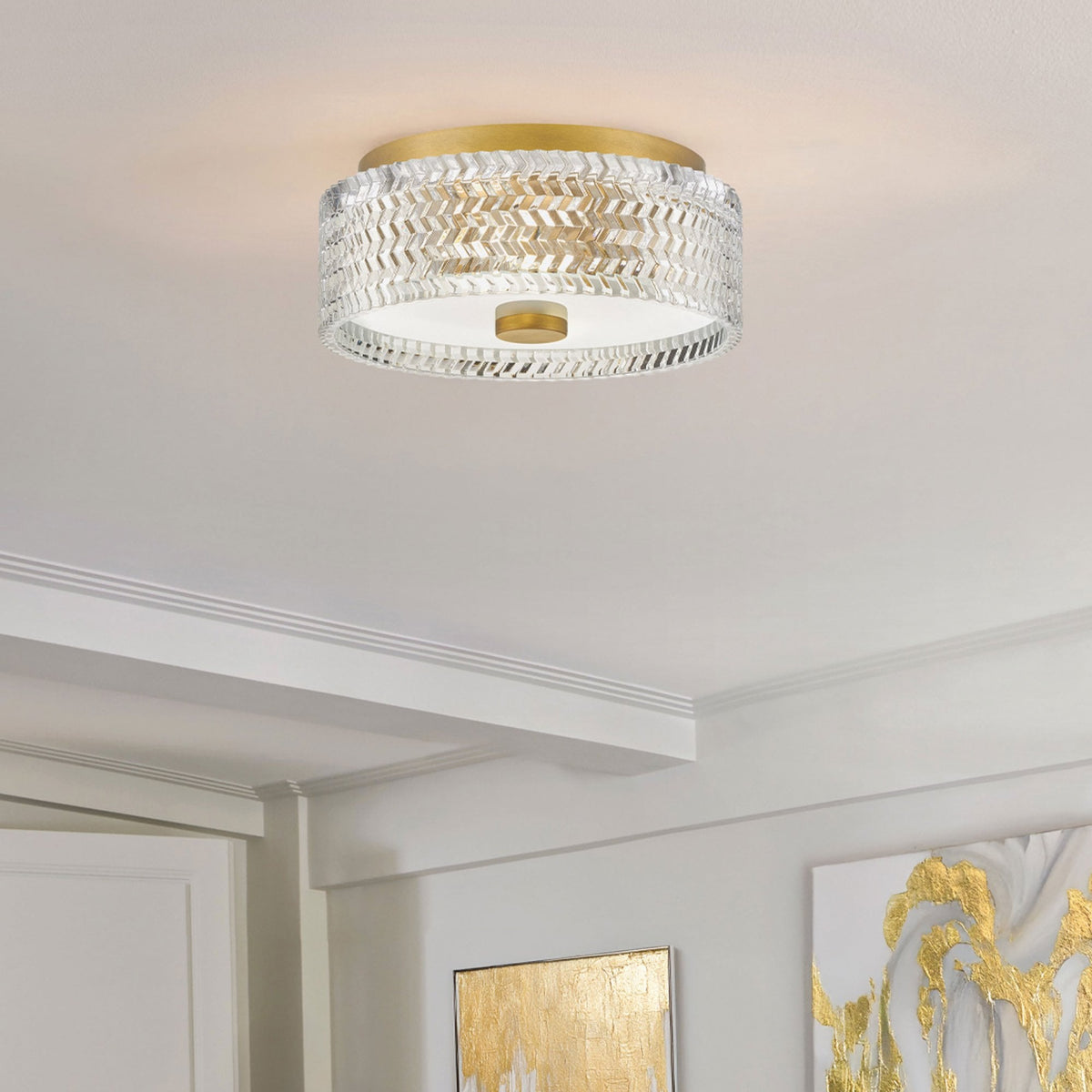 Elle Small Flush Ceiling Light in Heritage Brass with Clear Chevron & Etched Lens Glass