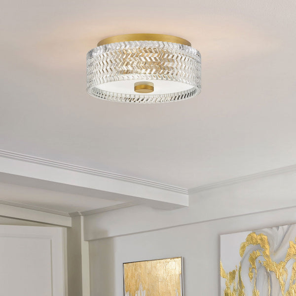 Elle Small Flush Ceiling Light in Heritage Brass with Clear Chevron & Etched Lens Glass
