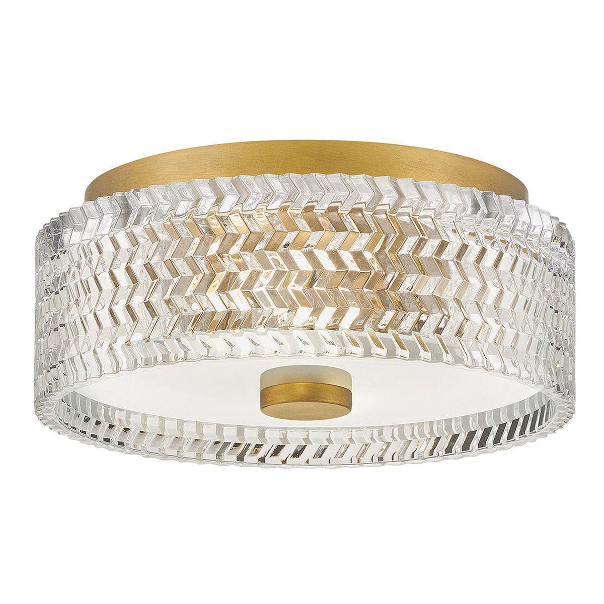 Elle Small Flush Ceiling Light in Heritage Brass with Clear Chevron & Etched Lens Glass