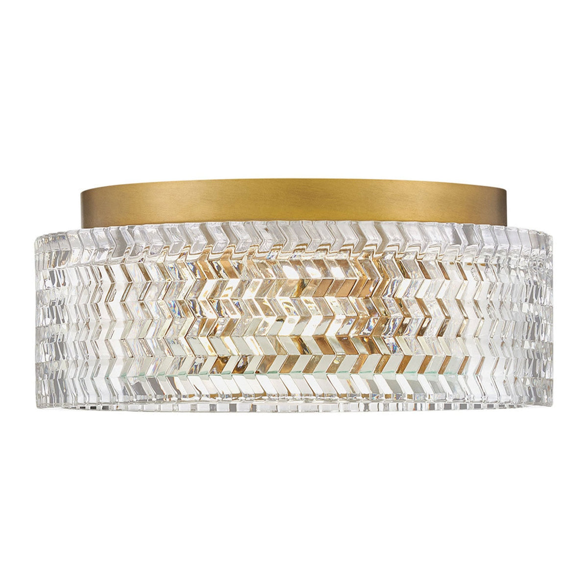 Elle Small Flush Ceiling Light in Heritage Brass with Clear Chevron & Etched Lens Glass