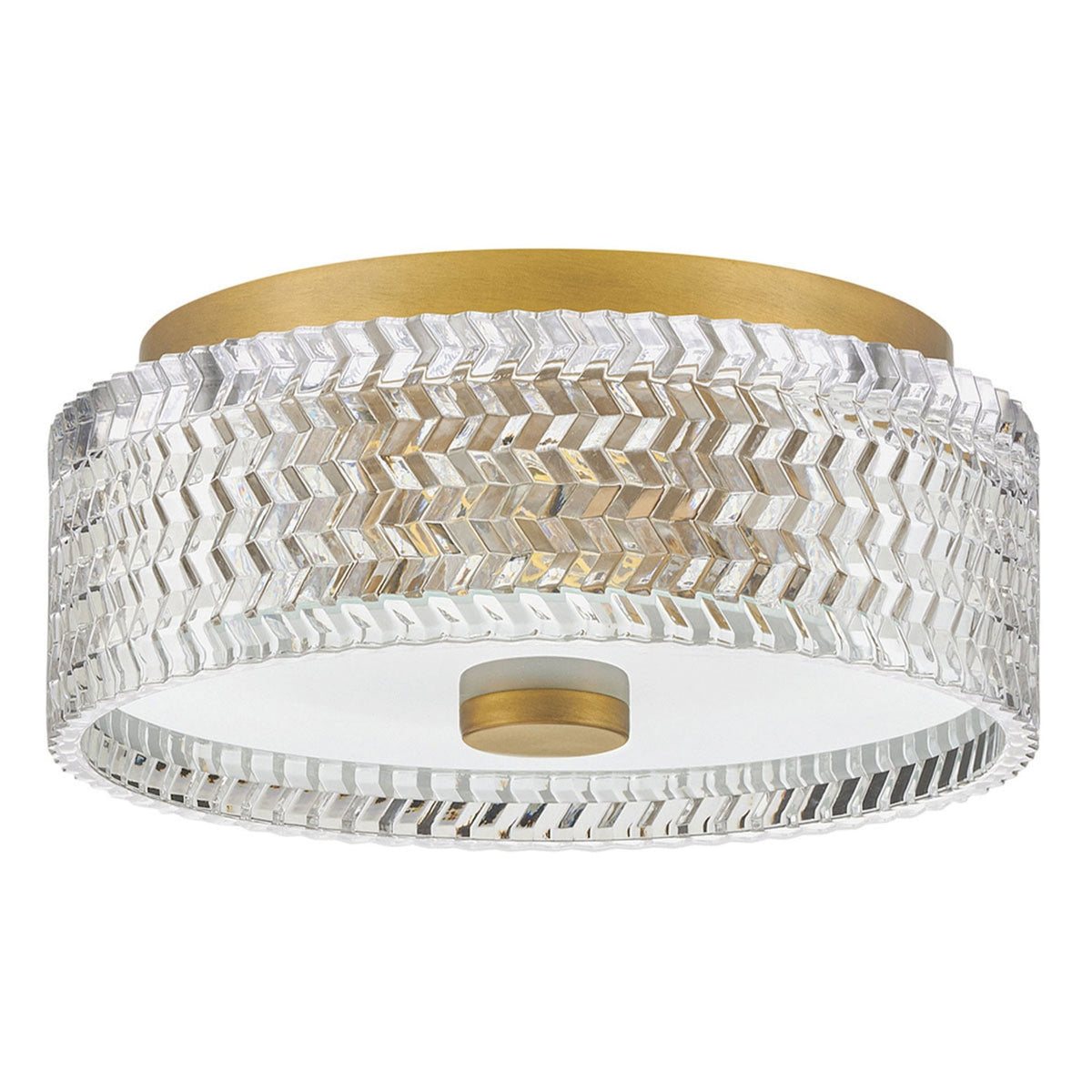 Elle Small Flush Ceiling Light in Heritage Brass with Clear Chevron & Etched Lens Glass