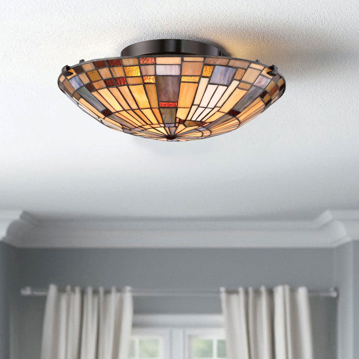 Tiffany Inglenook Flush Ceiling Light in Shades of Sapphire Blue Warm Honey Amber and Cream