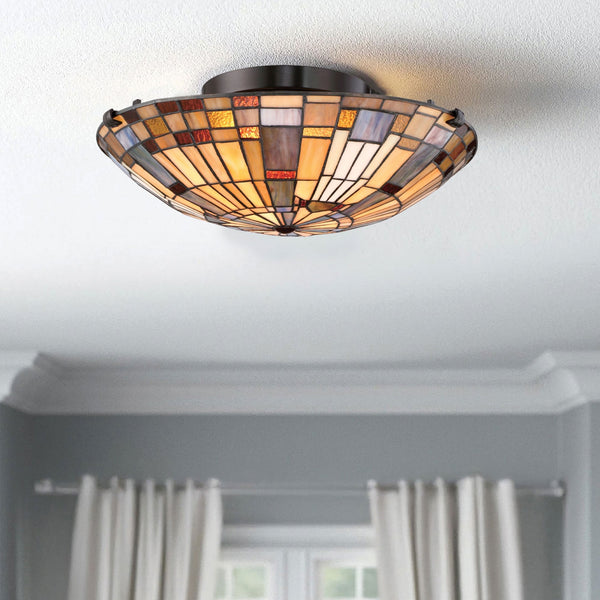 Tiffany Inglenook Flush Ceiling Light in Shades of Sapphire Blue Warm Honey Amber and Cream