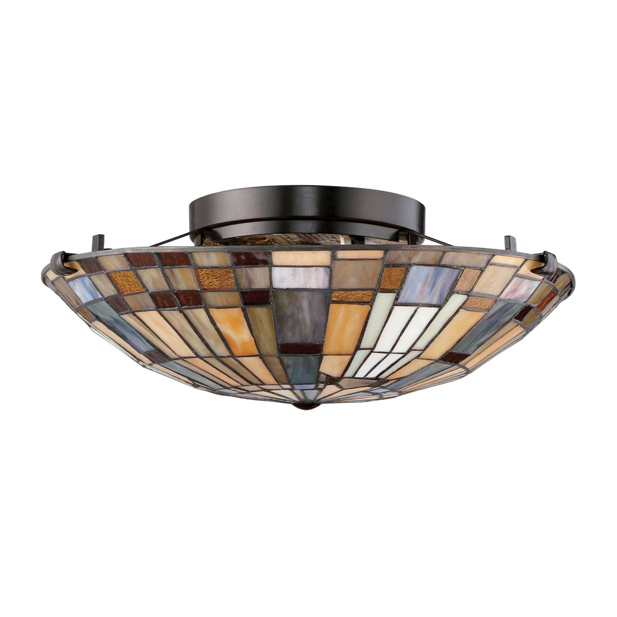 Tiffany Inglenook Flush Ceiling Light in Shades of Sapphire Blue Warm Honey Amber and Cream