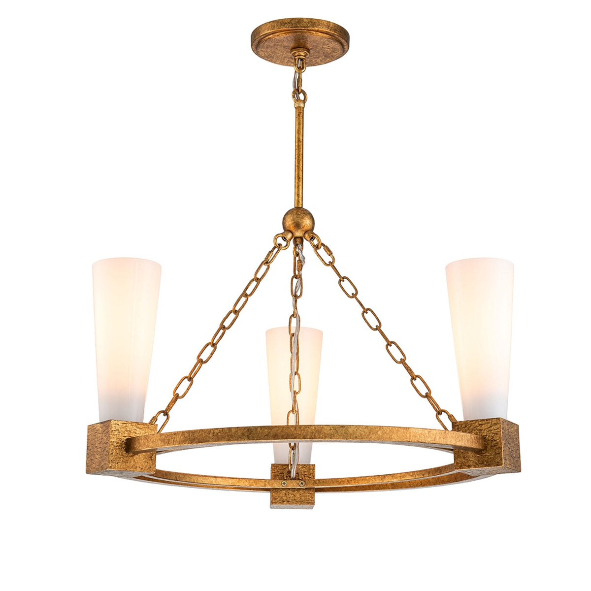 Kristy Three Lamp Chandelier in Distressed Gold with Opal Glass Diffusers