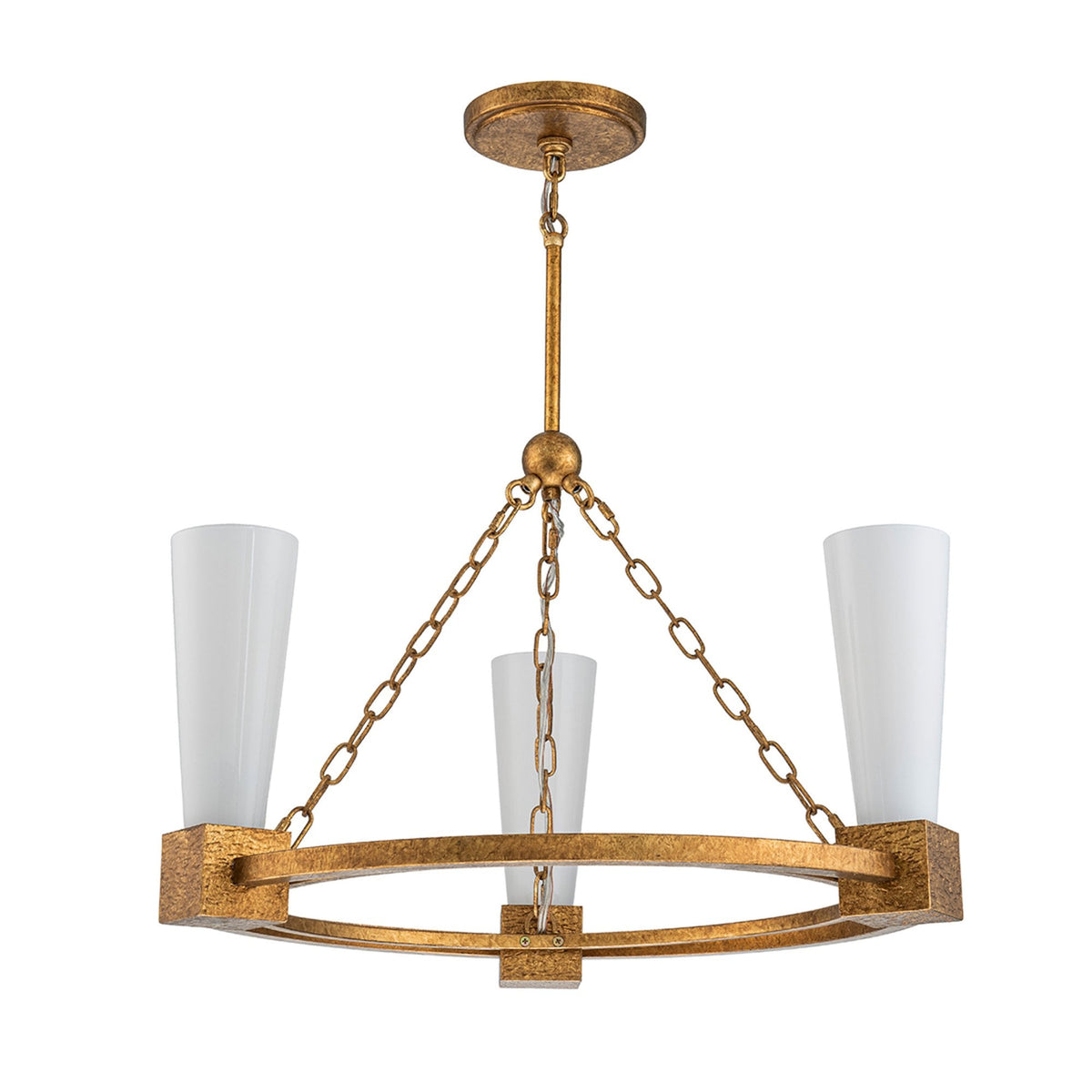 Kristy Three Lamp Chandelier in Distressed Gold with Opal Glass Diffusers