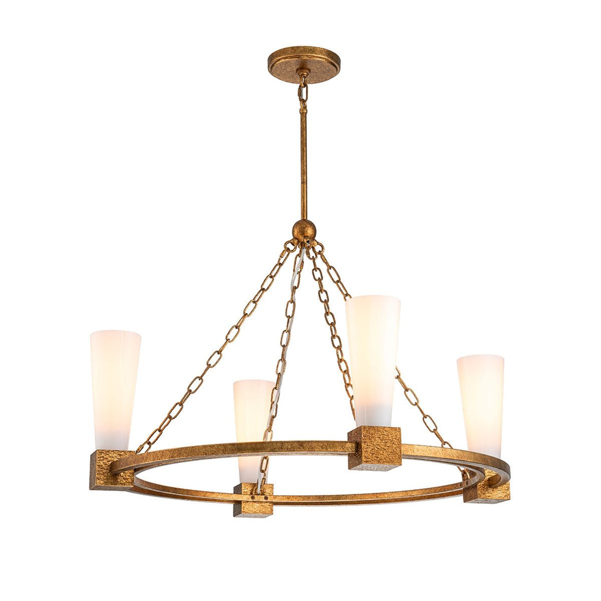 Kristy Four Lamp Chandelier in Distressed Gold with Opal Glass Diffusers