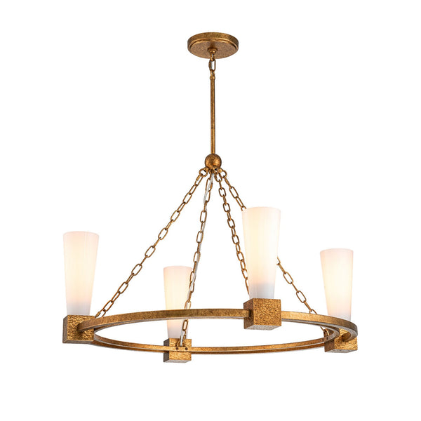 Kristy Four Lamp Chandelier in Distressed Gold with Opal Glass Diffusers