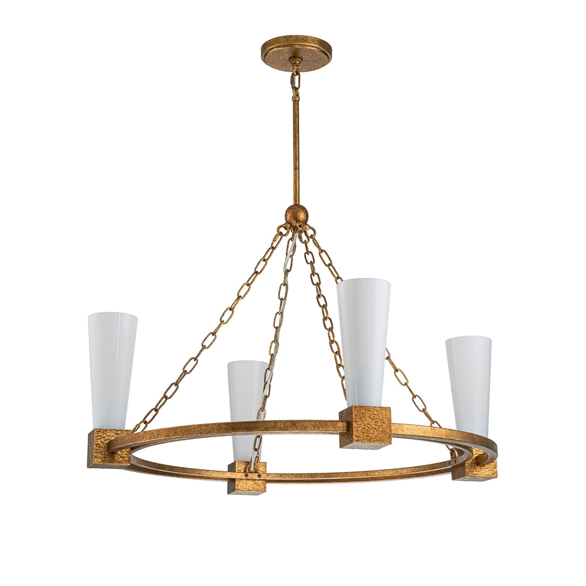 Kristy Four Lamp Chandelier in Distressed Gold with Opal Glass Diffusers