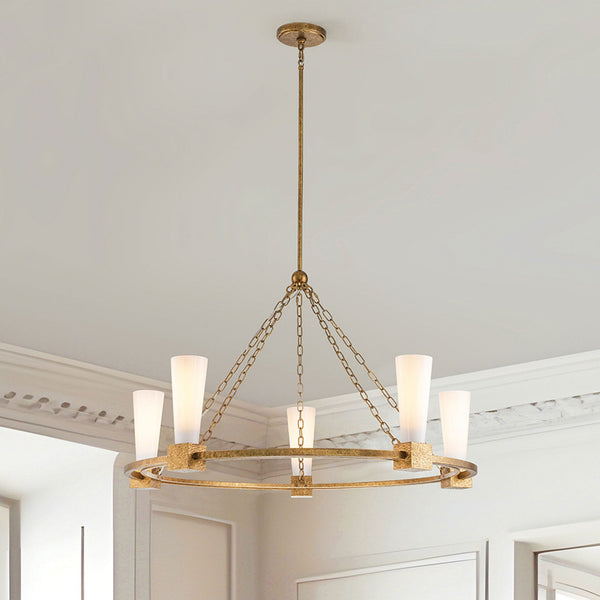 Kristy Five Lamp Chandelier in Distressed Gold with Opal Glass Diffusers