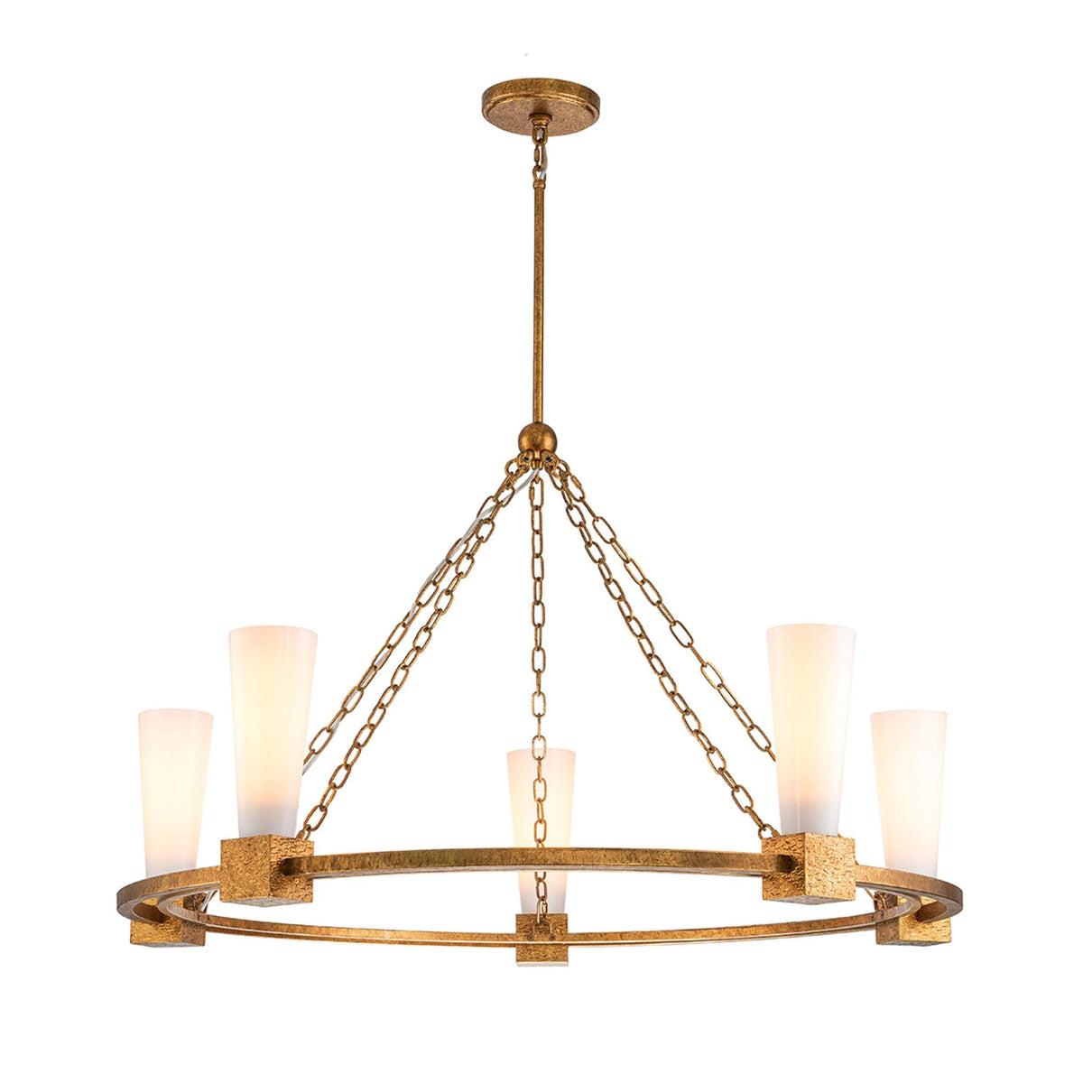 Kristy Five Lamp Chandelier in Distressed Gold with Opal Glass Diffusers