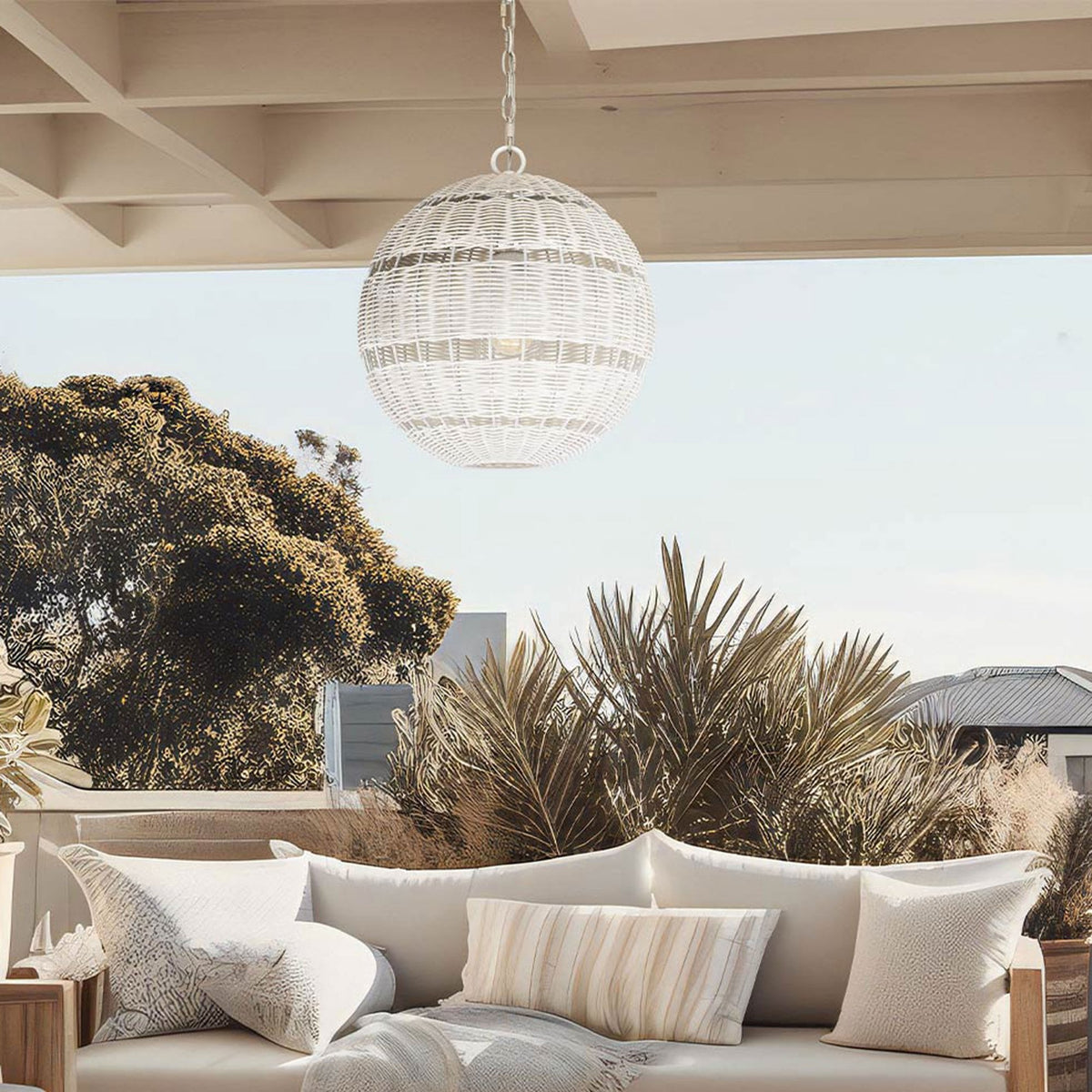 Lindendale IP44 Pendant in Antique White with White Faux Rattan Shade with Clear Glass Inside