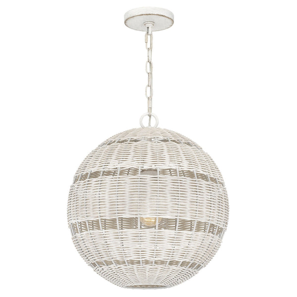 Lindendale IP44 Pendant in Antique White with White Faux Rattan Shade with Clear Glass Inside