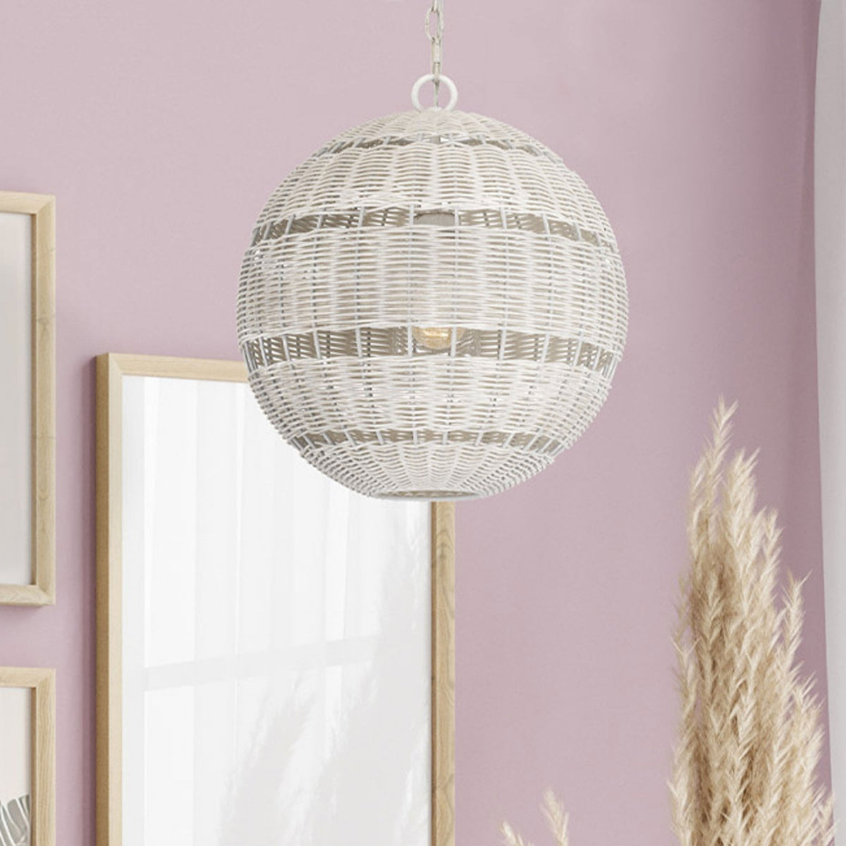 Lindendale IP44 Pendant in Antique White with White Faux Rattan Shade with Clear Glass Inside