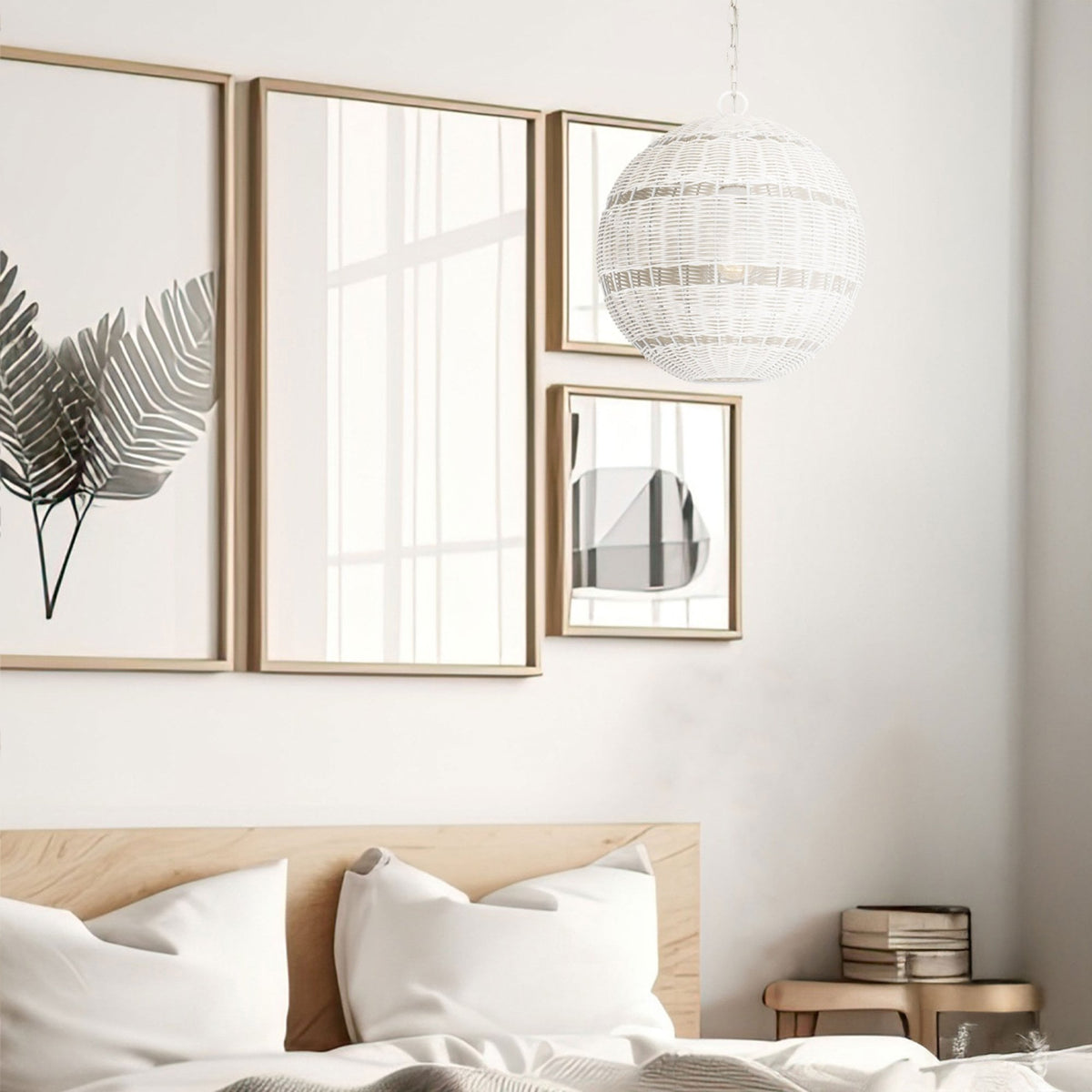 Lindendale IP44 Pendant in Antique White with White Faux Rattan Shade with Clear Glass Inside