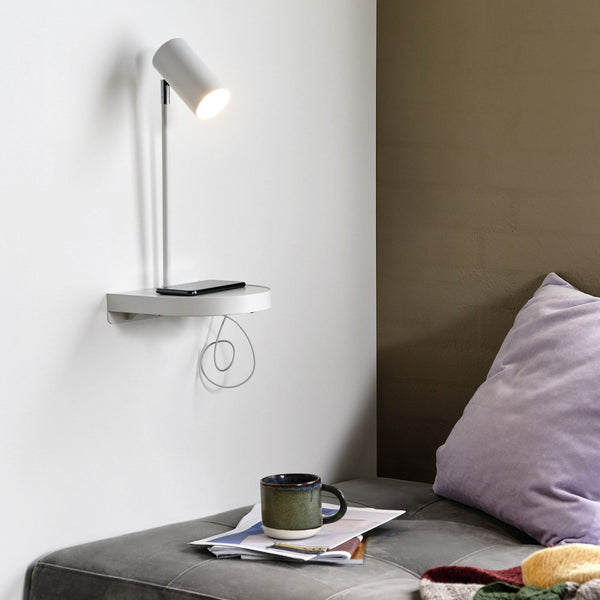 Cody Plugged Adjustable Wall Mounted Lamp In White With Shelf