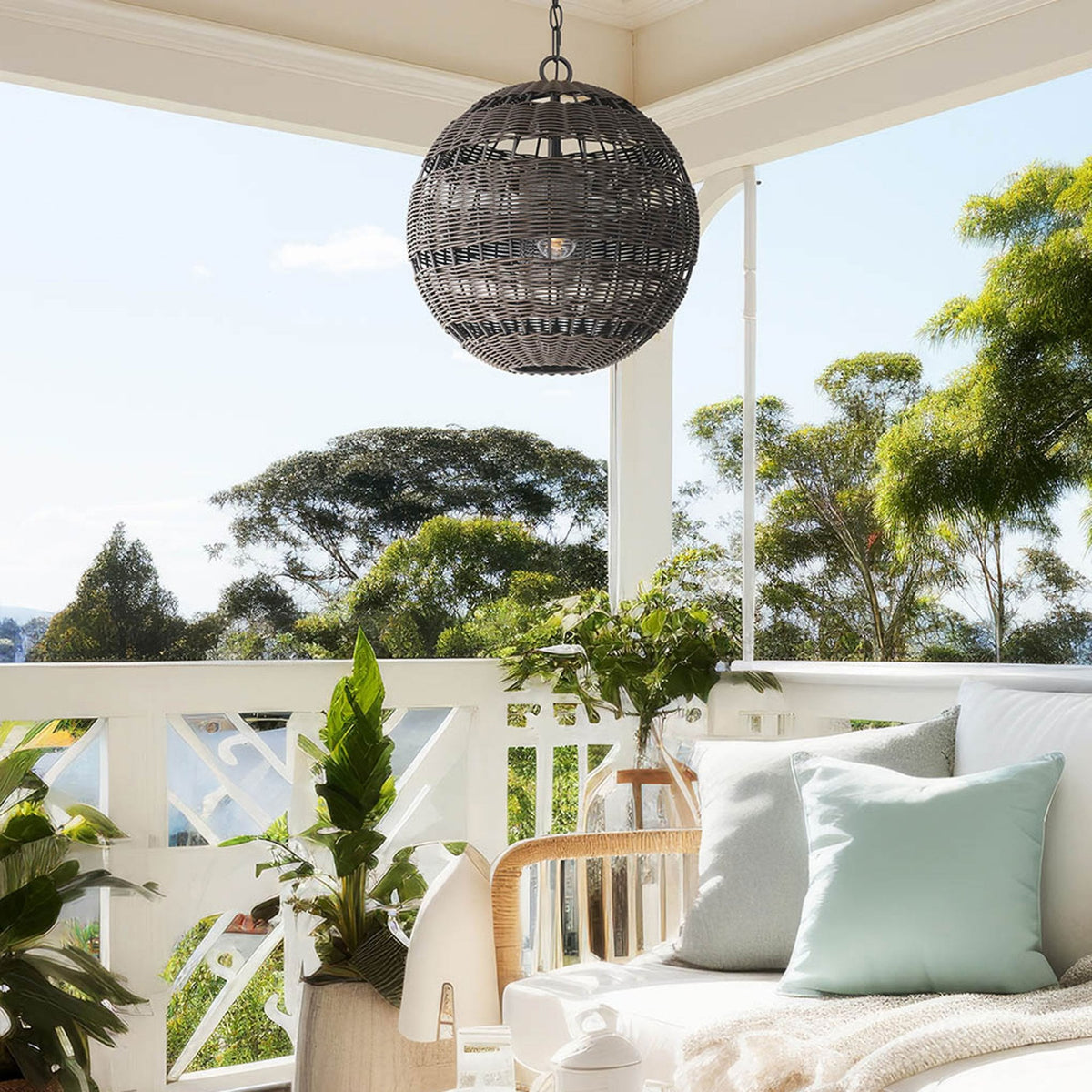 Lindendale IP44 Pendant in Western Bronze with Bronze Faux Rattan Shade with Clear Glass Inside