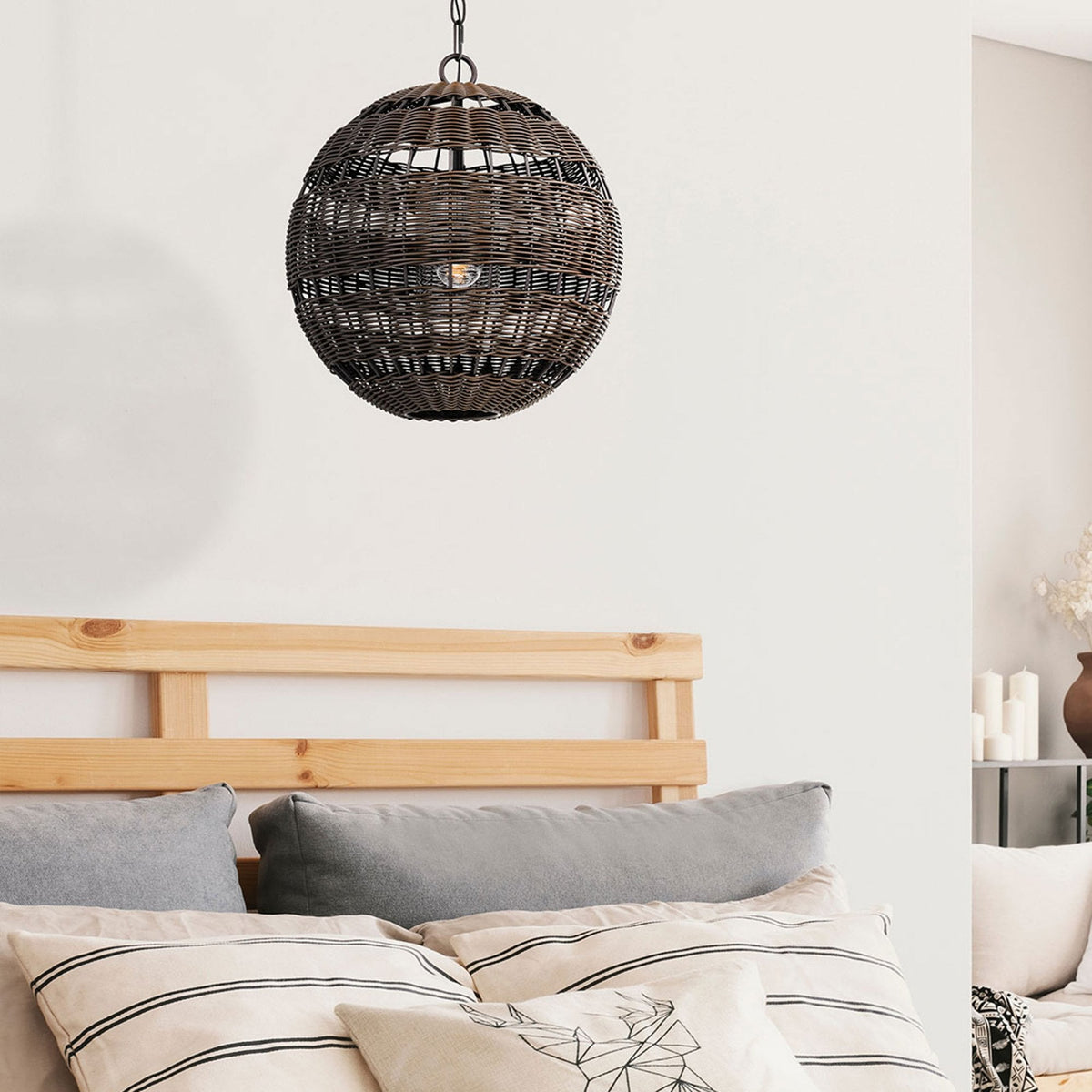 Lindendale IP44 Pendant in Western Bronze with Bronze Faux Rattan Shade with Clear Glass Inside