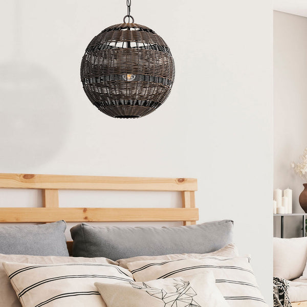 Lindendale IP44 Pendant in Western Bronze with Bronze Faux Rattan Shade with Clear Glass Inside