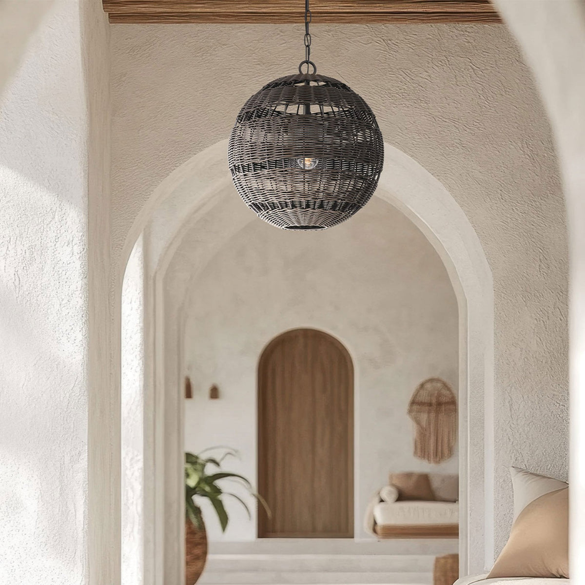 Lindendale IP44 Pendant in Western Bronze with Bronze Faux Rattan Shade with Clear Glass Inside