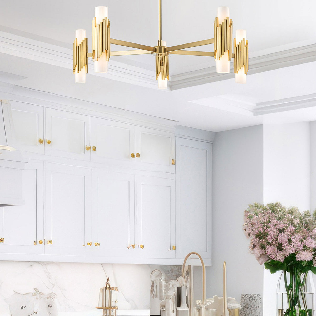 Marvele Ten Lamp Five Arm Chandelier in Aged Brass with Opal Glass Diffusers