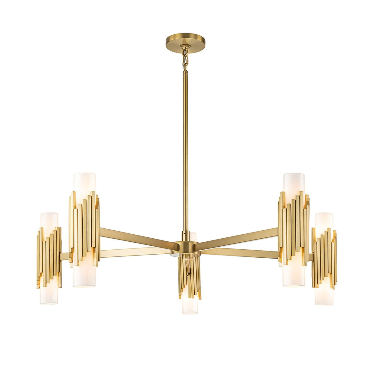 Marvele Ten Lamp Five Arm Chandelier in Aged Brass with Opal Glass Diffusers