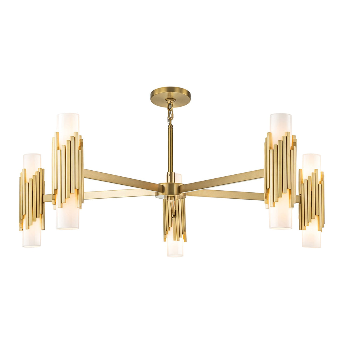 Marvele Ten Lamp Five Arm Chandelier in Aged Brass with Opal Glass Diffusers