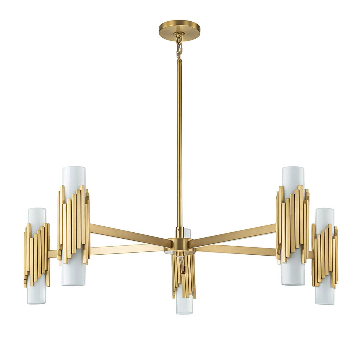 Marvele Ten Lamp Five Arm Chandelier in Aged Brass with Opal Glass Diffusers