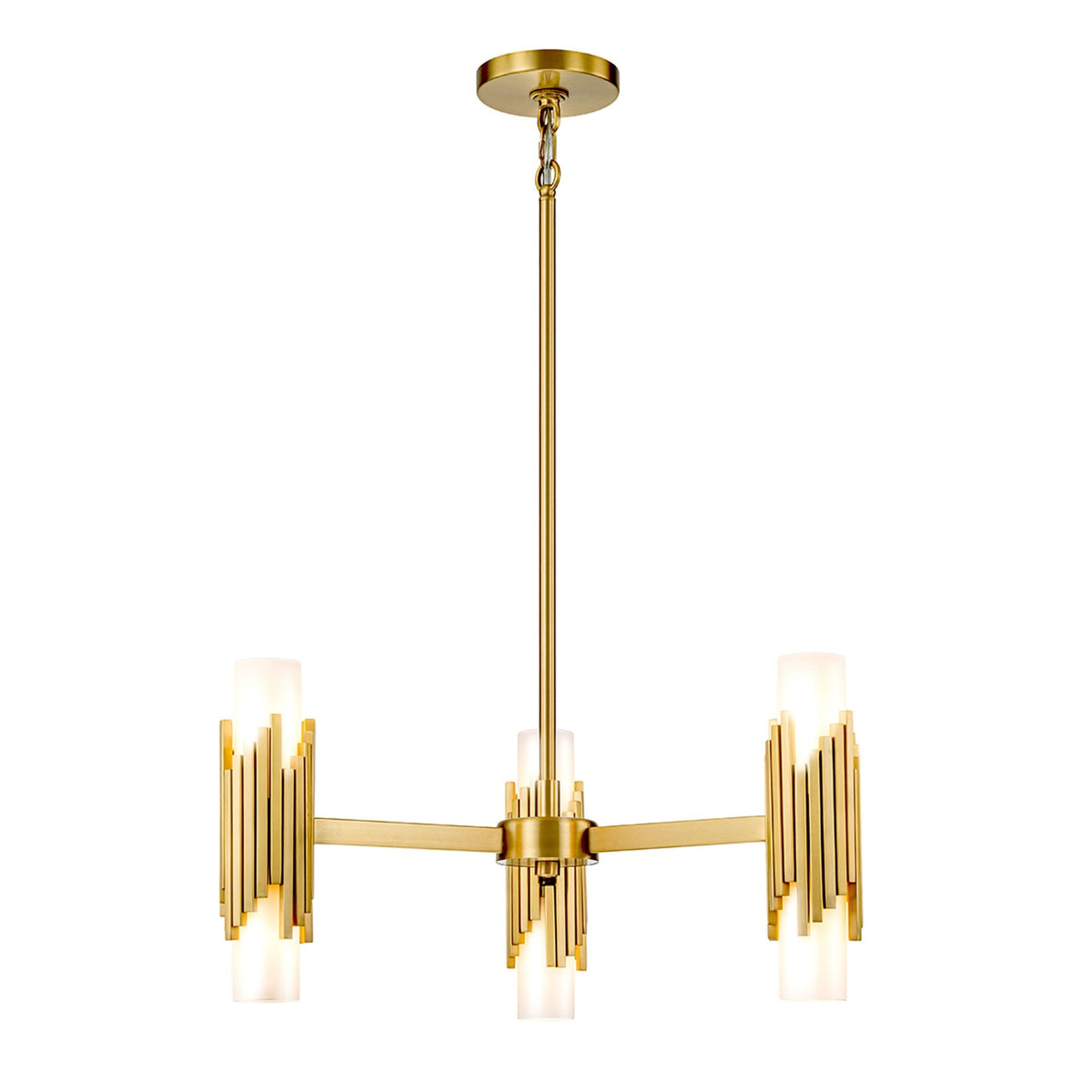 Marvele Six Lamp Three Arm Chandelier in Aged Brass with Opal Glass Diffusers